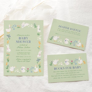Frühling Baby Shower Einladungen, Osterhasen und Gänse Baby Shower Einladungen Vorlage und Bücher für Baby Karte, Gans Baby shower B840