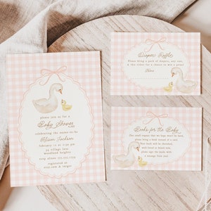 Gans-Babypartyeinladung, Frühlingsmädchen-Babypartyeinladungs-Reihe, Bücher für Baby-Karte, Windel-Los, Gingham-Duschedekor B866