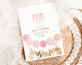 Bunny 2nd Birthday Invitation, Printable Pink Balloons and Bunnies Party Invite, Girl Second Birthday Invitation Template, Rabbit Party B139