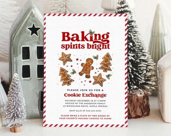 May include: A festive invitation for a cookie exchange, featuring the text "Baking spirits bright." The design includes gingerbread cookies and Christmas tree decorations. The invitation is surrounded by miniature ceramic houses and Christmas trees.