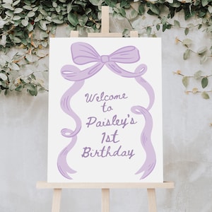 Boog verjaardag welkomstbord, pastel paars meisje 2e verjaardag welkomstposter sjabloon, handgetekende strik verjaardagsfeestje decoraties B909