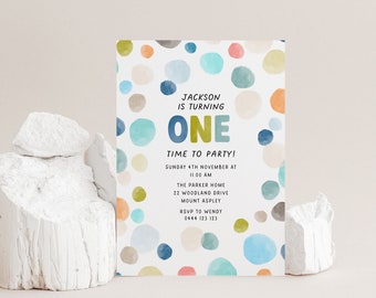 Modern Dot 1st Birthday Party Invitation | Watercolor First Boy Birthday Invite Template | Editable | Printable Digital 8316