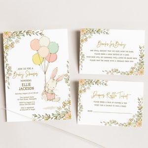 Bunny Baby Shower Invitation Set, Printable Girl Baby Shower Invite Template, Books for Baby Card, Diaper Raffle Ticket, Baby Sprinkle B588