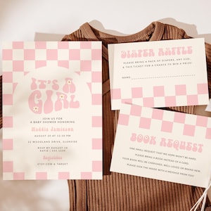 Retro-Mädchen-Babyparty-Einladungs-Reihe, Bücher für Baby-Karte, Windel-Verlosung, Groovy karierte Babyparty-Einladungs-Einladungs-Schablone B811