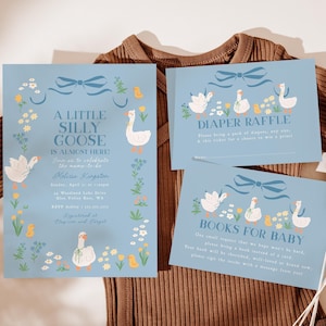 Faire-part de baby shower Silly Goose, suite d'invitations de baby shower Boy Goose, livres pour carte de bébé, modèle modifiable de ticket de tombola de couches B846