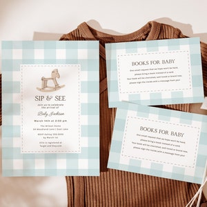 Suite d'invitations à siroter et à voir pour garçon, faire-part de baby shower modifiable Vichy bleu, livres pour carte de bébé, insert de ticket de tombola de couches B553
