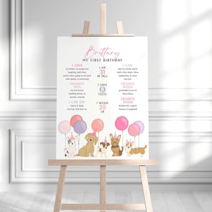 Welpen Geburtstag Meilenstein Poster, Hund 1. Geburtstag Meilensteintafel Vorlage, Printable Mädchen Geburtstag Dekoration, Welpen und Luftballons B390
