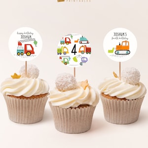 Cupcake Toppers Truck Birthday Editable Printable Cake Decorations for Boy Construction Theme 4th Birthday Party Decor Cupcake Circles B001