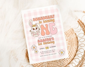 Retro Easter Birthday Invitation, Somebunny is One Invitation, Bunny 1st Birthday Party Invite, Printable Rabbit Invitation Template B610