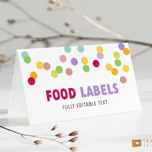 Etiquetas de comida con lunares / Plantilla editable para tarjetas de lugar / Tarjetas de buffet con confeti arcoíris para fiesta de cumpleaños / Decoraciones imprimibles para fiestas / 8013