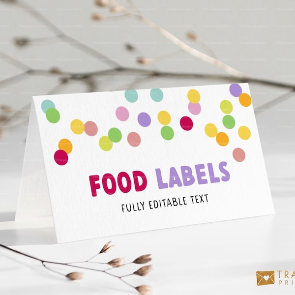Polka Dot Food Labels | Editable Place Card Template | Rainbow Confetti Birthday Party Buffet Cards | Printable Party Decorations | 8013