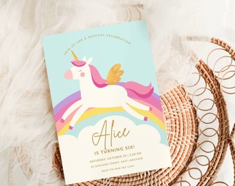 Unicorn Birthday Invitation, Rainbow Magical Girl Birthday Invite Editable B177