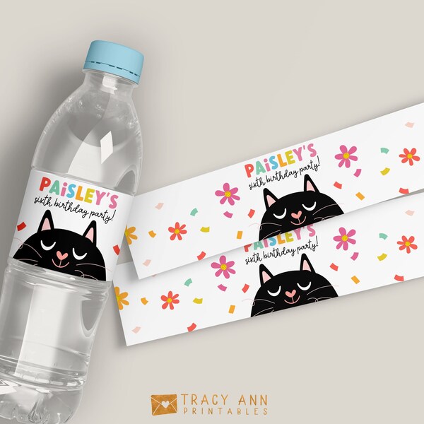 Water Bottle Label Cat Editable Party Decorations Girl Birthday Water Bottle Wrapper Template Cat Party Decor Printable Bottle Wrap 8346