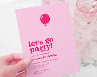 Hot Pink Girl Birthday Party Invitation Template Retro Minimalist Invite with Balloon Printable Modern Bday Evite Let's Go Party S013