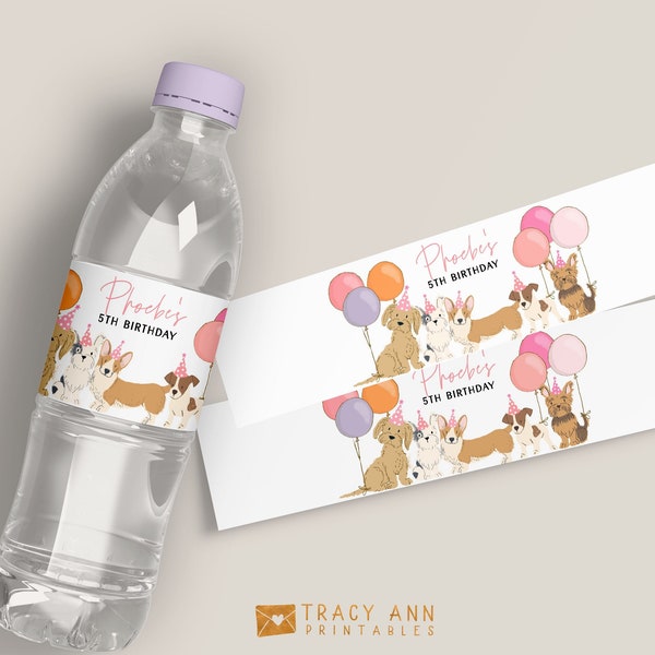Puppy Dog Party Water Bottle Wrapper Template Editable Girl 5th Birthday Decorations Puppies and Balloons Pink Decor Printable Label 8130