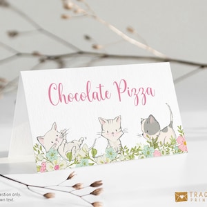 Food Labels for Cat Birthday Party Editable Tent Card Template Kitten Girl 3rd Birthday Decorations Printable Buffet Cards Floral 8303