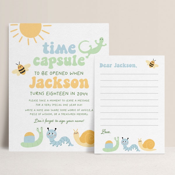 Bug 1st Birthday Time Capsule Template, Printable Boy First Birthday Garden Party Game, One in the Sun Birthday Decor, Editable Sign B384