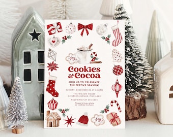 May include: A festive invitation for a Cookies & Cocoa gathering, featuring watercolor illustrations of Christmas ornaments, cookies, and cocoa. The invitation includes the event details and the text "Join us to celebrate the festive season!"