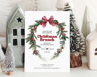 May include: A Christmas Brunch invitation card with a watercolor wreath design. The wreath features green foliage, red berries, and a burgundy bow. The card includes the text "Christmas Brunch" and event details.