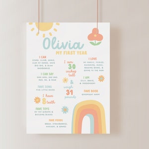 Modèle d'affiche d'étape arc-en-ciel, 1er anniversaire de fille sur moi, tableau d'étape premier anniversaire de l'été pastel imprimable décoration de fête 8362