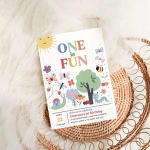 One is Fun Invitation, Spring 1st Birthday Party Invitation Template, Summer Bug Party Invite, Garden First Birthday Invitation B628