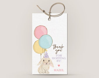 Bunny Birthday Thank You Tag Template | Editable Pastel Party Tags | 1st Birthday Favour Tags | Bunny Rabbit Balloons Party Decor 8137