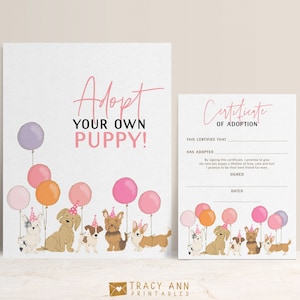 Jeu de société Adoptez un chiot pour fille anniversaire chien Certificat d'adoption imprimable en téléchargement immédiat et signe décoration de fête chiots 8130