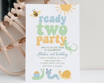 Ready Two Party Invitation, Boy 2nd Birthday Party Invitation Template, Summer Garden Party Invite Printable, Bugs Picnic Party Evite B384
