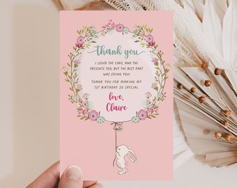 Bunny Birthday Thank You Card, Editable Thank You Note, Bunny and Balloon Floral Thank You Template, Printable Girl Birthday Favour 1533