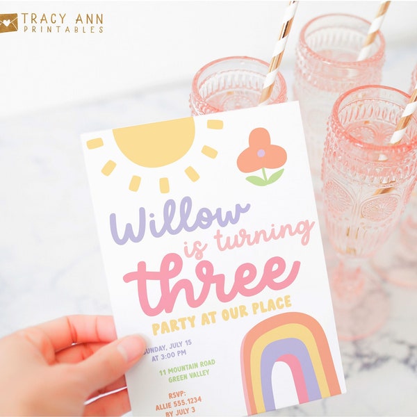 Rainbow Third Birthday Party Invitation Template Printable Girl Birthday Invite Editable Pastel 3rd Birthday Invitation Pastel Rainbow 8361