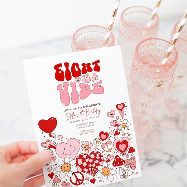 Eight is a Vibe Invitation, Groovy Girl 8th Birthday Invite Template B616