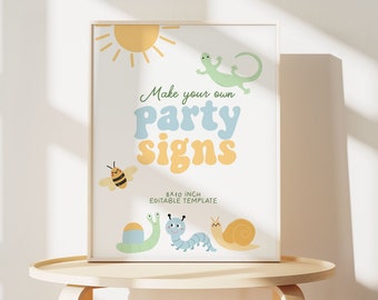 Summer Boy 1st Birthday Party Signs, Garden Party Decor, Picnic Park Party Sign Template, Cute Bug Birthday Posters Editable B384