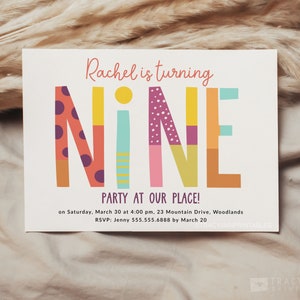 Rainbow Girl 9th Birthday Invitation Template, Printable Minimalist Ninth Birthday Party Invite, Editable Multicolor Nine Invitation B100