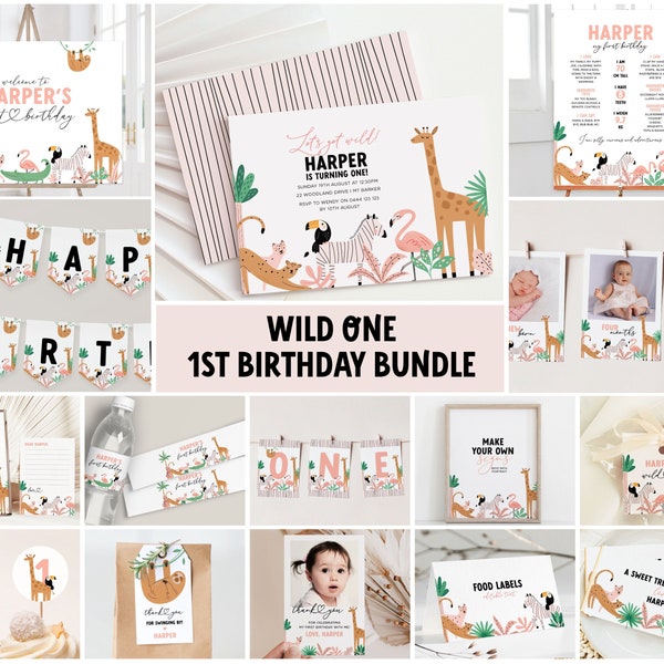 Wild One 1st Birthday Bundle Printable Party Decorations Editable Invitation and Girl 1st Birthday Set of Templates Jungle First Bday 8323