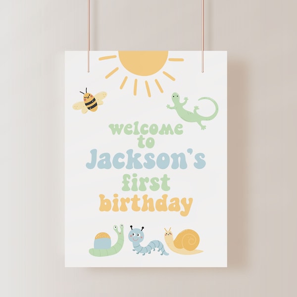 One in the Sun Welcome Sign Template, Cute Bug 1st Birthday Sign, Boy First Birthday Welcome Poster for Easel, Summer Party Decor B384