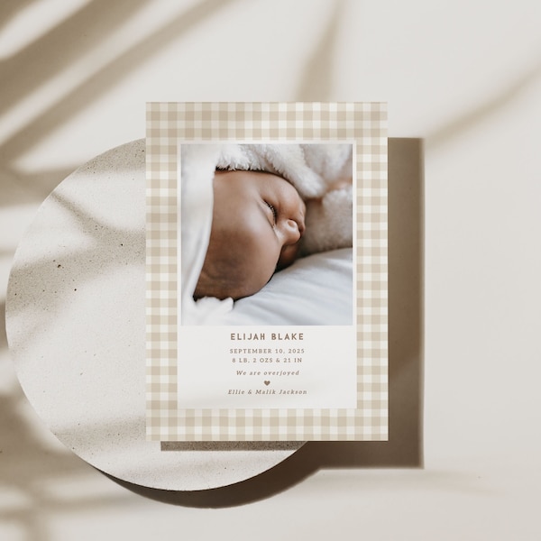 Neutral Baby Announcement Card Template, Printable Baby Photo Cards, Gingham Birth Announcement, Minimalist Editable Baby Card B700