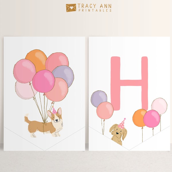 Hund Happy Birthday Banner für Mädchen 5th Birthday Party Wimpelkette Vorlage Bearbeitbare Dekorationen Puppy Pawty Printable Decor Pink Balloons 8130