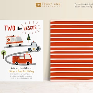 Two the Rescue Invitation Template for Boy 2nd Birthday Emergency Vehicles Party Invitation Editable Fire Engine Birthday Invite 8108