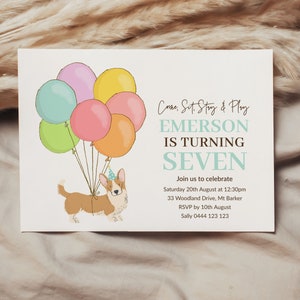 Corgi Birthday Invitation Template, Printable Puppy Party Invite Editable, Rainbow 7th Birthday Invitation for Dog Lovers 8135