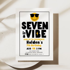 Seven is a Vibe Invitation Template, Smiley Face 7th Birthday Invite Printable, Editable Cool Boy Birthday Party Invitation Retro B375