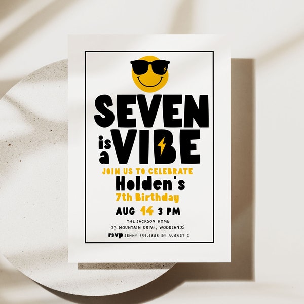 Seven est un modèle d'invitation Vibe, Smiley 7e anniversaire, invitation imprimable, modifiable Cool Boy Birthday Party Invitation rétro B375