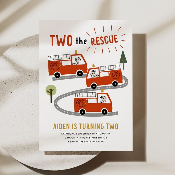 Two the Rescue Invitation, Firetruck Birthday Invite, Boy 2nd Birthday Party Invitation Template, Dalmatian Firefighters, Fire Engine B351