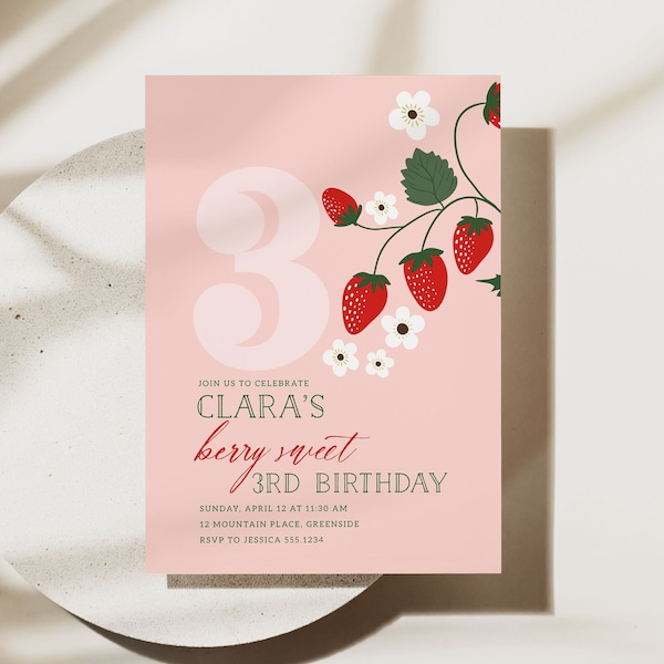 Strawberry Third Birthday Invitation, Berry Sweet 3rd Birthday Party Invite B379