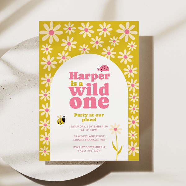 Wild One Girl Birthday Invitation Template, Retro Daisy 1st Birthday Invite, Flower Child Party Invitation Editable, Arch Photo Invite B371