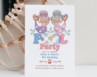 Twin Mermaid Birthday Invitation, Twins Pool Party Invite, Joint Pool Party Birthday Invitation, Groovy Mermaids Invitation Template B387