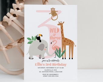 Wild and Three Birthday Invitation, Jungle 3rd Birthday Party Invite Template B018