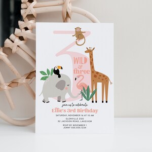 Wild and Three Birthday Invitation, Jungle 3rd Birthday Party Invite Template B018