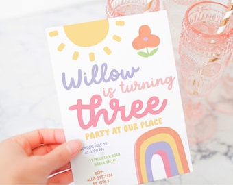 Rainbow Third Birthday Party Invitation Template Printable Girl Birthday Invite Editable Pastel 3rd Birthday Invitation Pastel Rainbow 8361