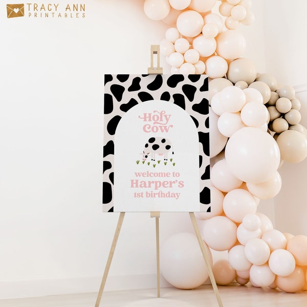 Holy Cow Birthday Welcome Sign Girl 1st Birthday Party Printable Poster Template Editable Decorations Minimalist One Year Old Bday B024