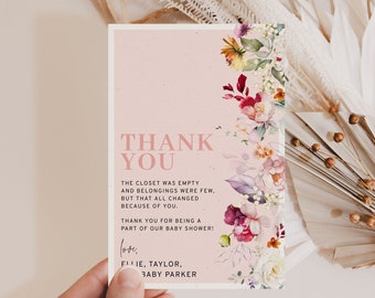 Spring Girl Baby Shower Thank You Card Template, Editable Wildflower Baby Shower Notecard Floral 4x6 Printable Baby Shower Decorations 8220